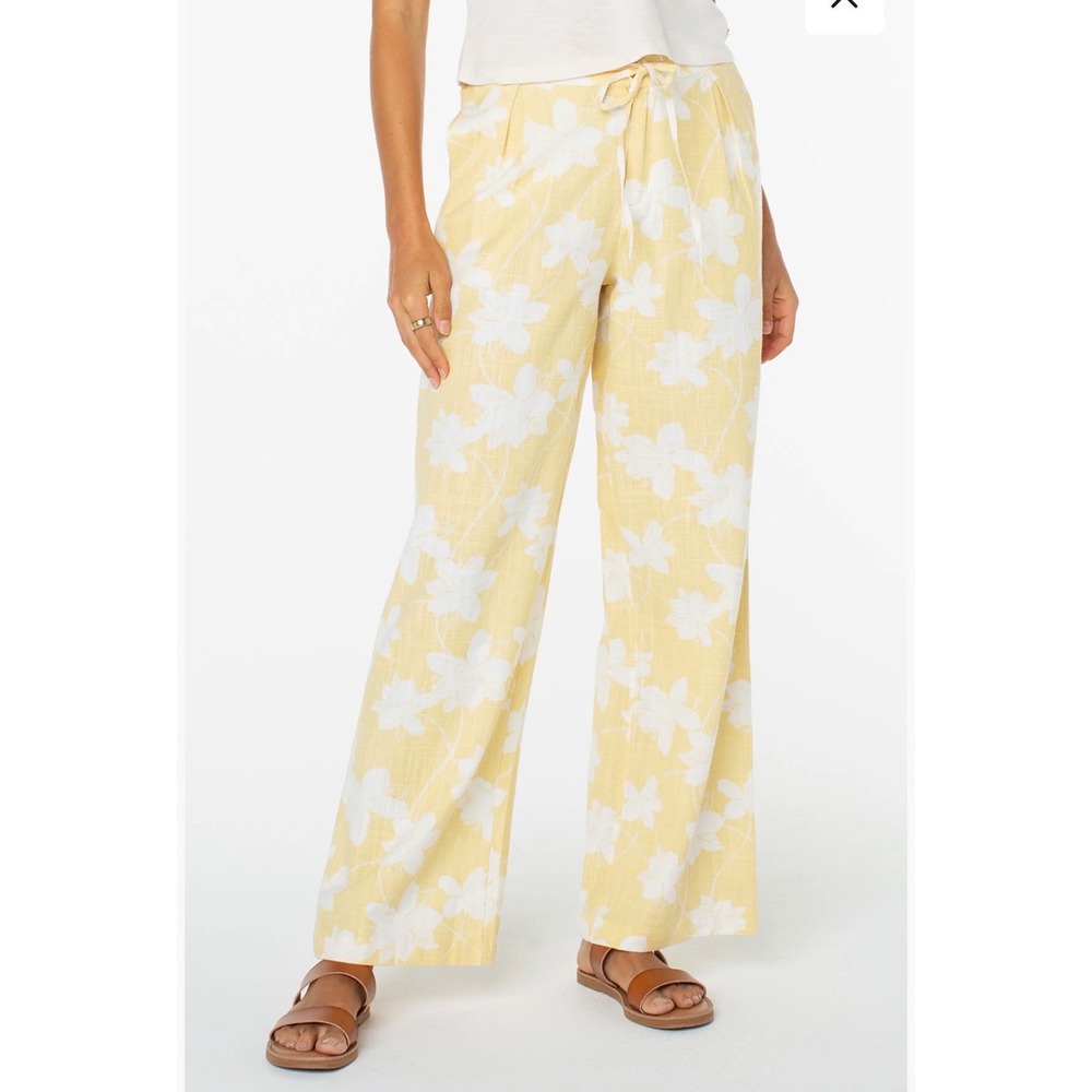 Roxy Mavericks Trouser Yellow White Floral Wide Leg Linen Blend Pants S